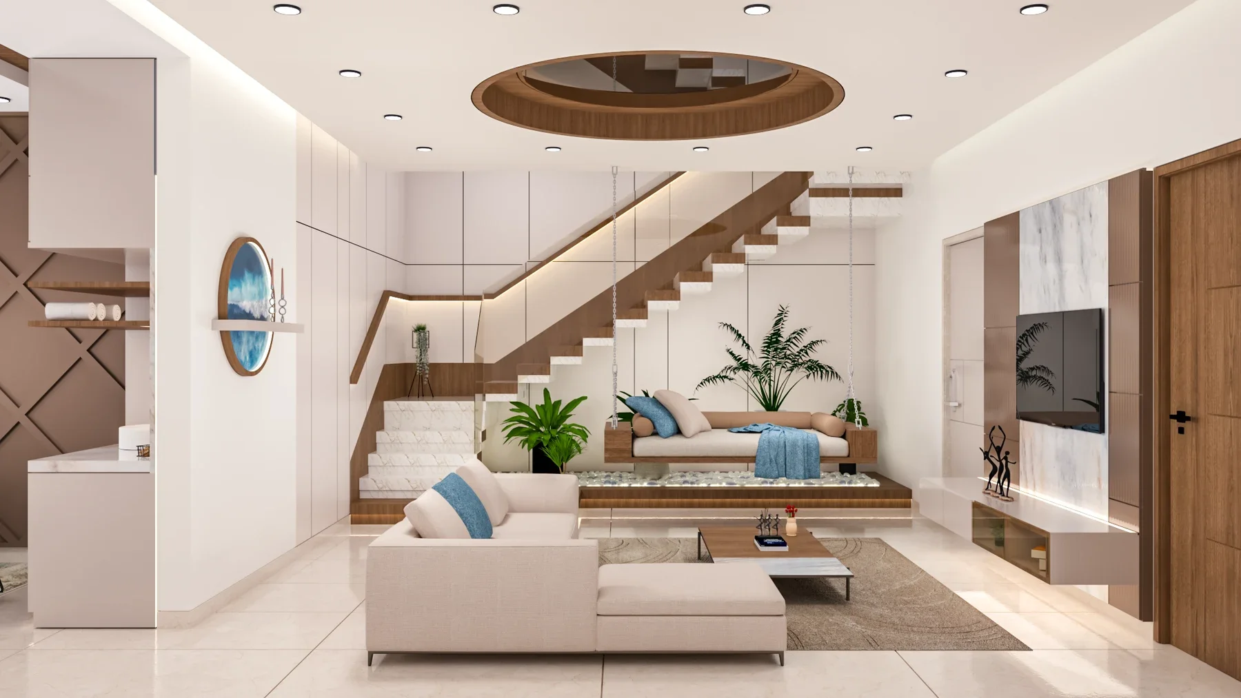The living area has a corner sofa, TV wall, staircase and suspended bench above pebbles.