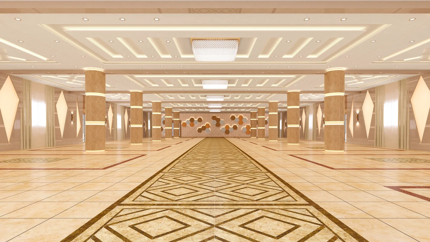 A wide hall view shows patterned flooring, illuminated column bands and recessed ceiling lights.