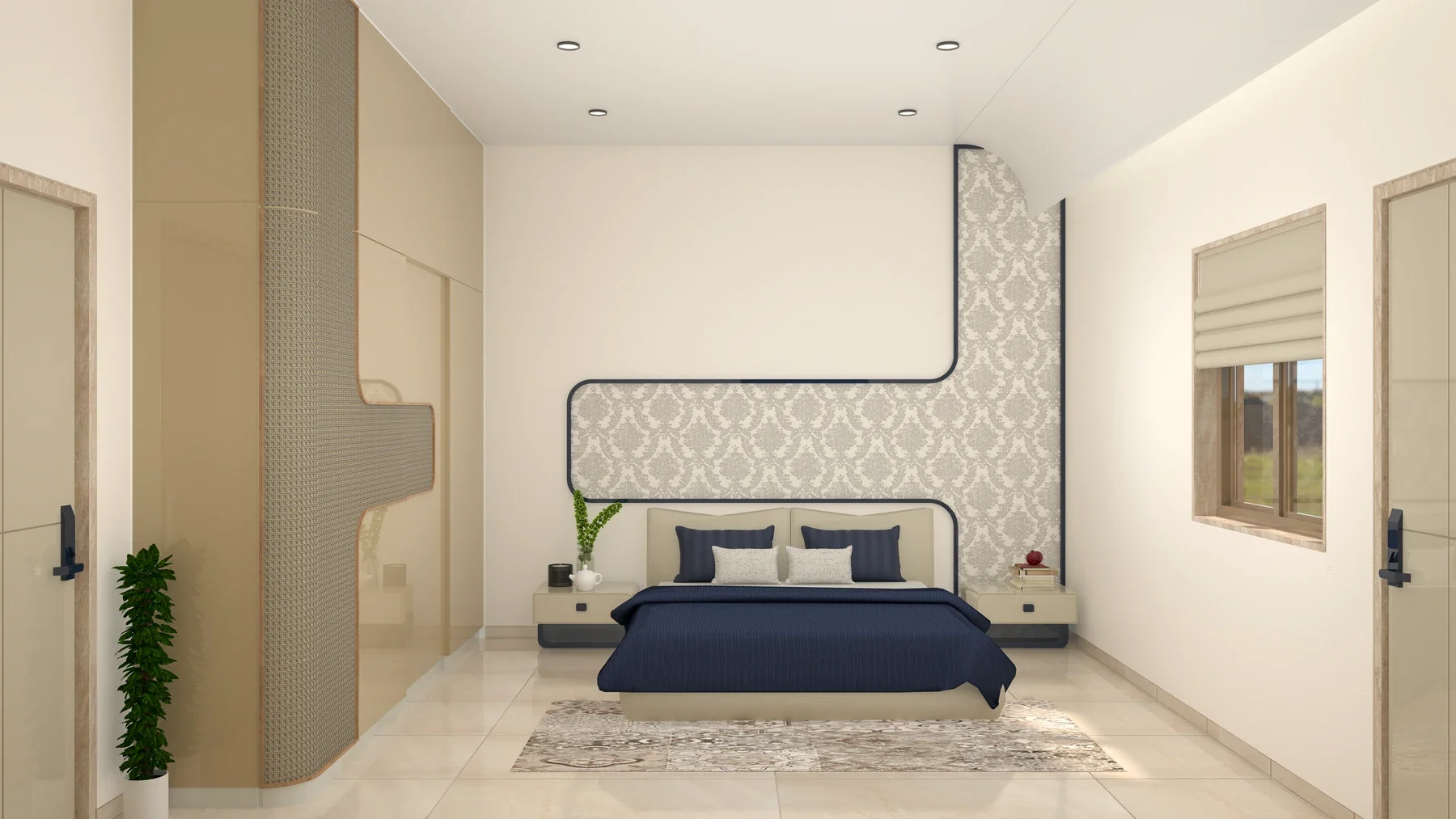 The bed has navy bedding, patterned wall panels and tall beige wardrobes beside it.