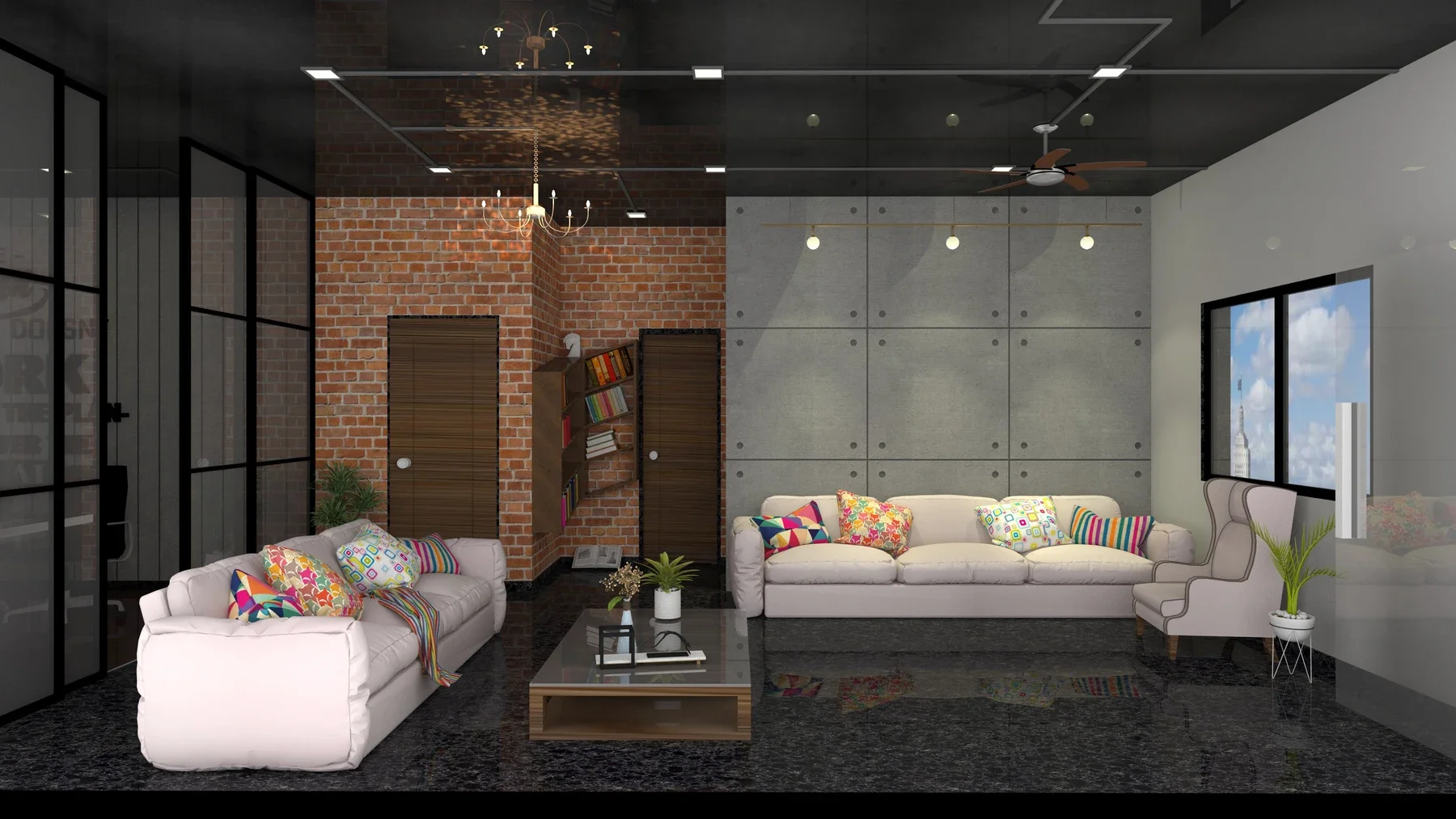 A lounge has two pale sofas, a glass-topped table and brick-look walls beneath a dark ceiling.