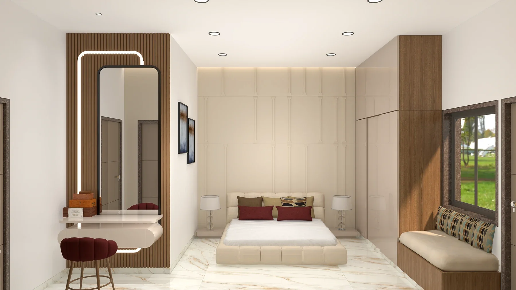 A low cream bed sits beside a lit dressing mirror, window bench and tall cabinets.