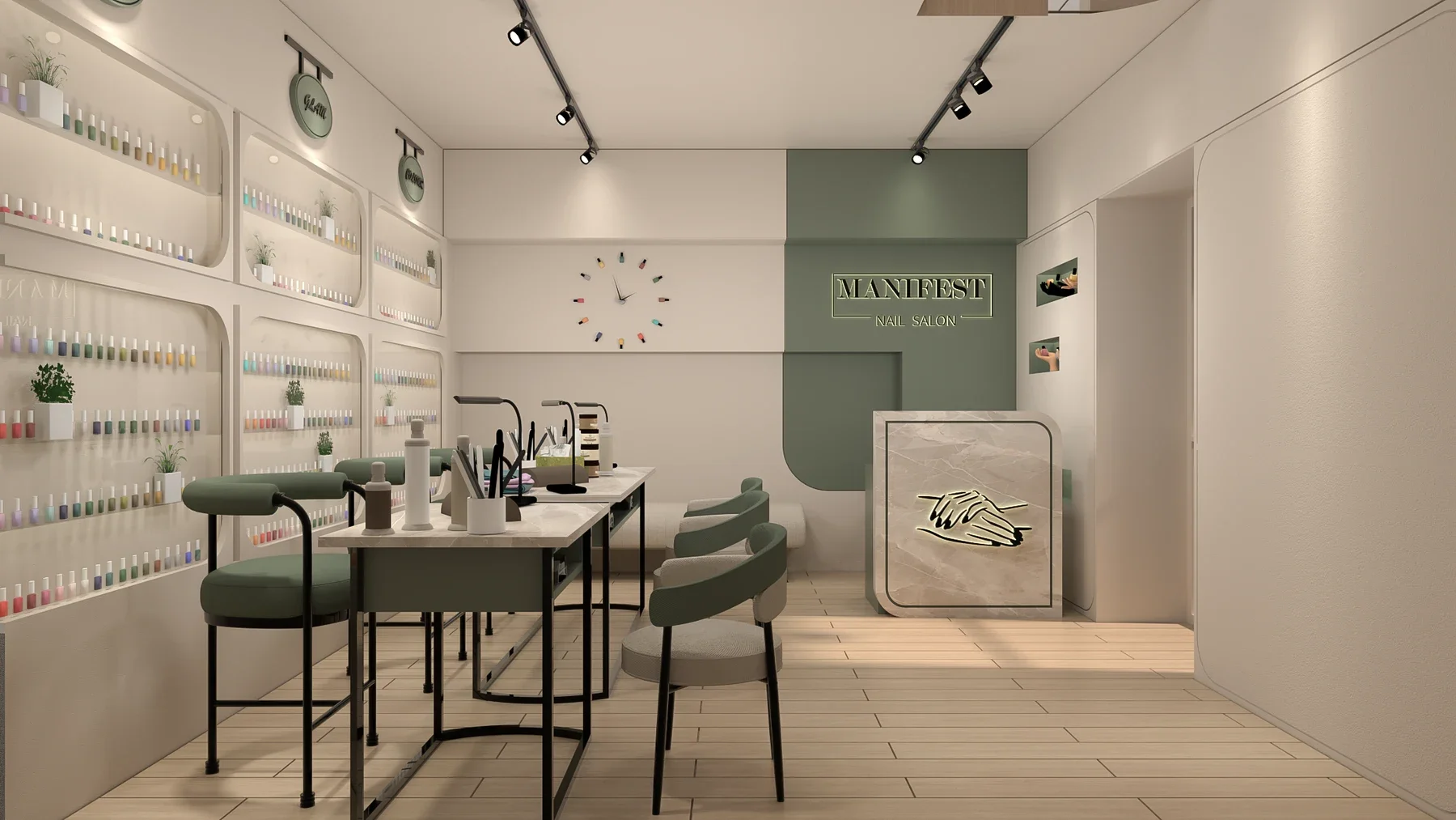 Manicure tables face lit polish shelves, with a sage wall and reception counter at the rear.