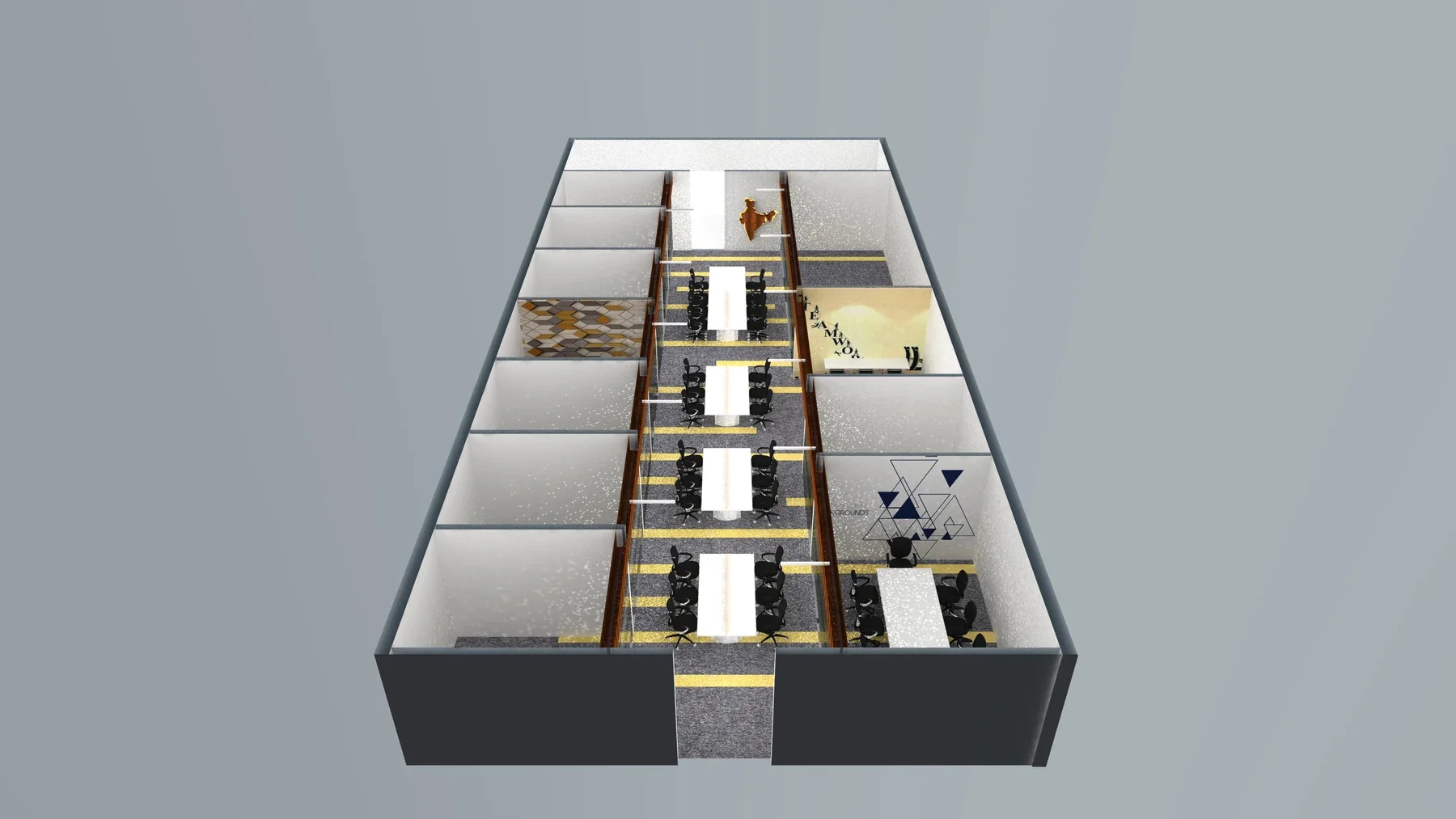 An overhead cutaway shows central desk groups and enclosed rooms along both sides.