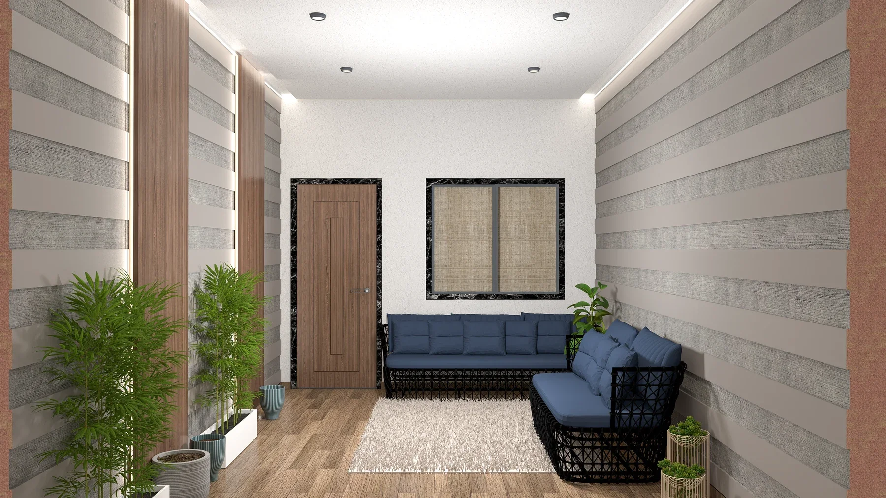 Two woven-frame sofas with blue cushions sit beside striped walls and a row of potted plants.