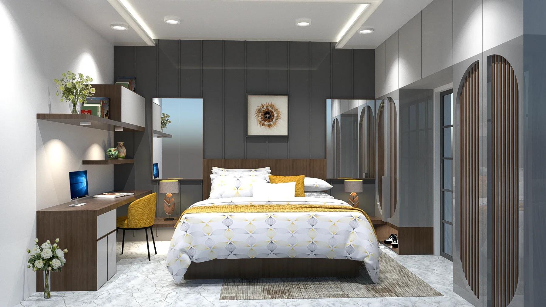 The bed sits between mirrors, with a desk on the left and arched slatted panels on the right.