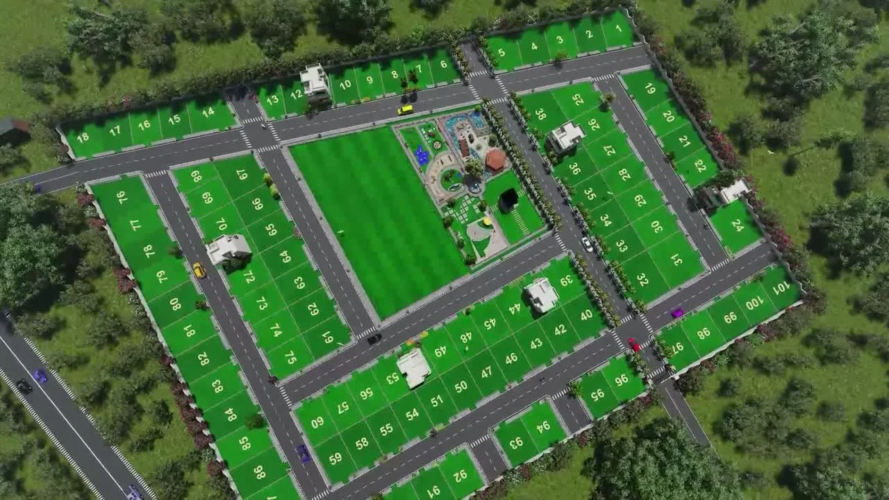 A daylight overview shows planted areas and paved paths.