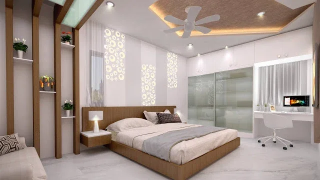 A platform bed sits beside a sliding wardrobe and window-side desk with lit wall patterns.