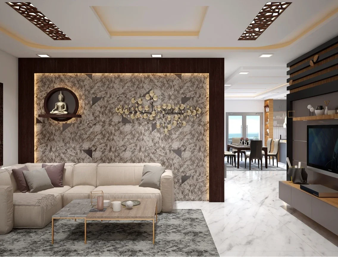 Seating faces a television wall beside a backlit decorative panel, with dining beyond.