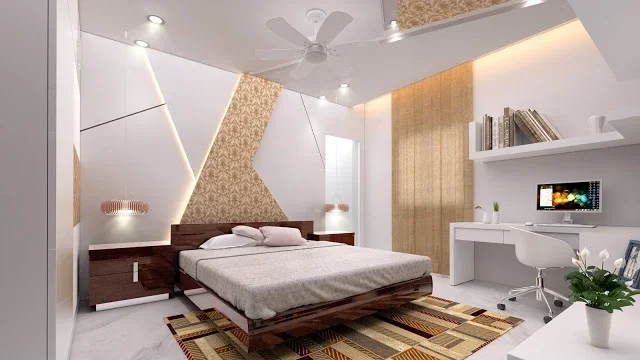 A dark wood-look bed sits against an angular lit wall beside a white desk and patterned rug.