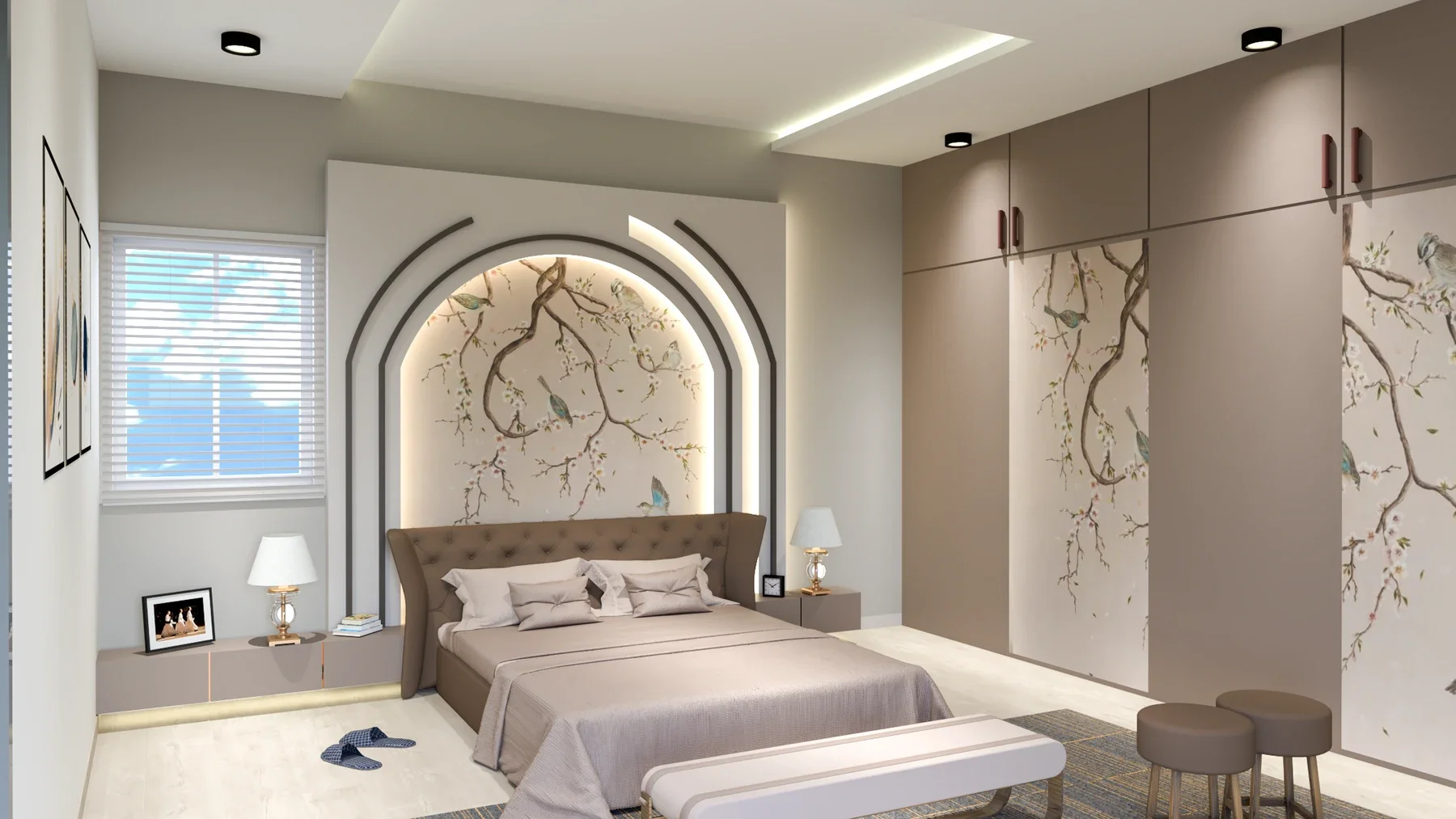 Lit arches and bird-patterned panels frame the bed beside tall wardrobes and a bench.