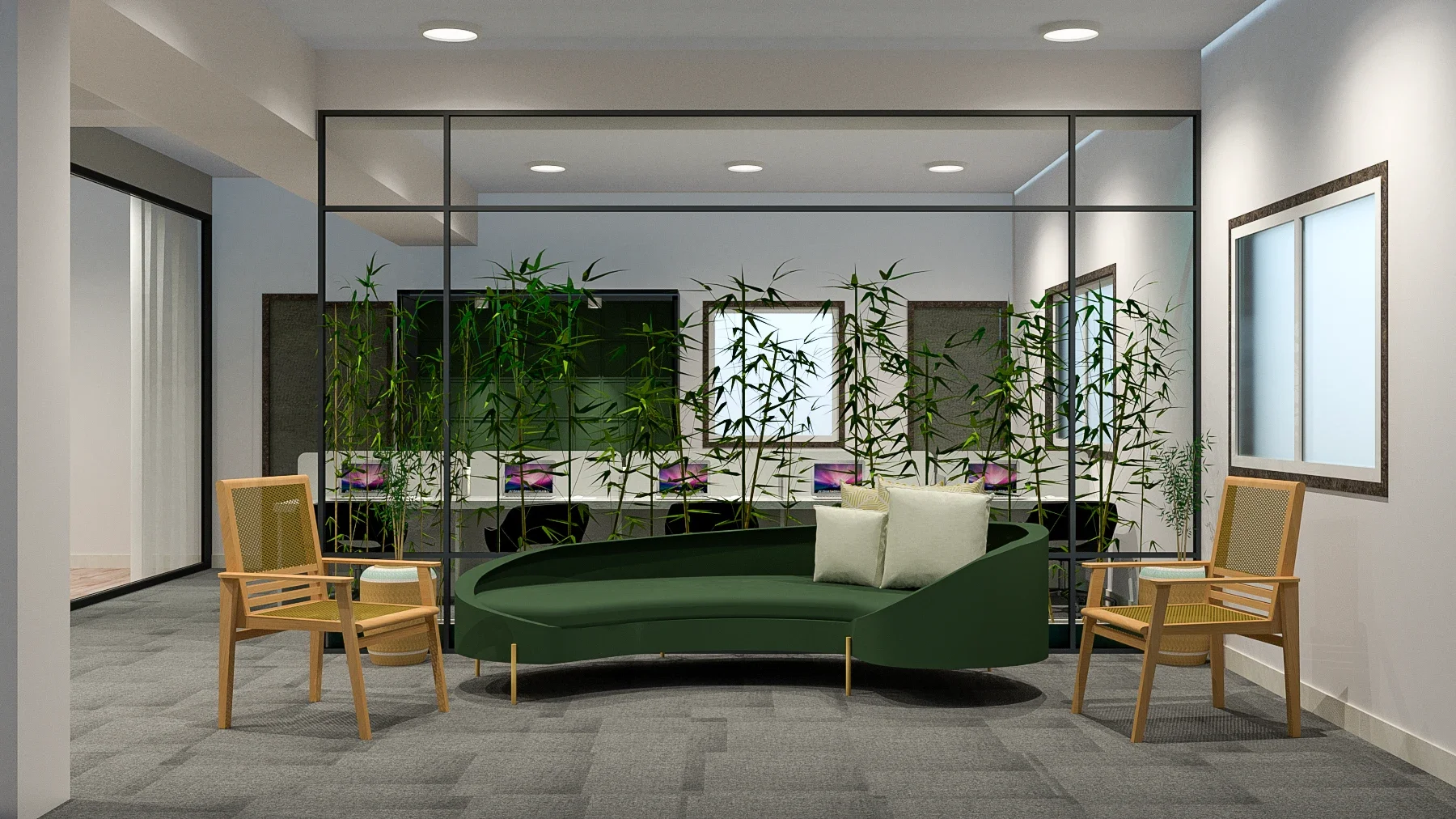 A curved green sofa and wood-framed chairs sit before a glass partition with tall plants.