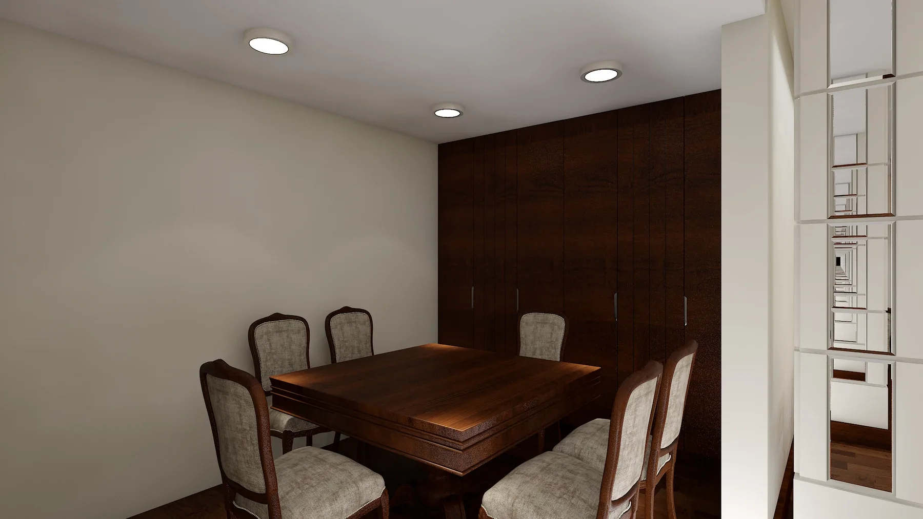 A wooden table and six upholstered chairs stand beside dark cabinets and reflective panels.