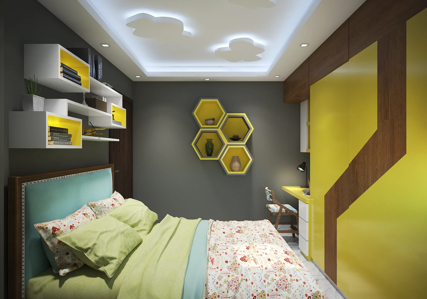 A compact bedroom has yellow storage, hexagonal shelves and lit cloud-shaped ceiling panels.