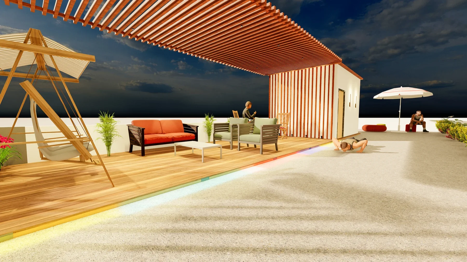 The terrace has a slatted pergola, swing, lounge seating, plants and a parasol.