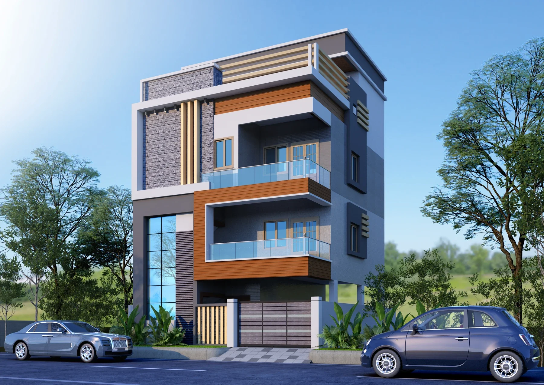 An angled facade view shows two glass-fronted balconies, stone-look panels and vertical fins.