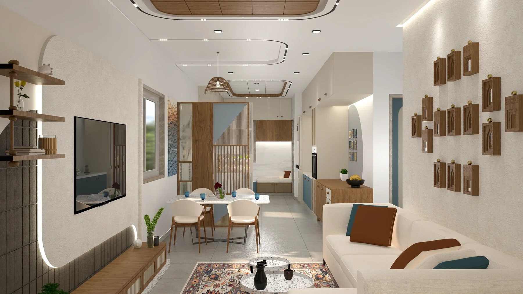 An open-plan view shows a cream sofa and TV wall, with dining and kitchen areas beyond.