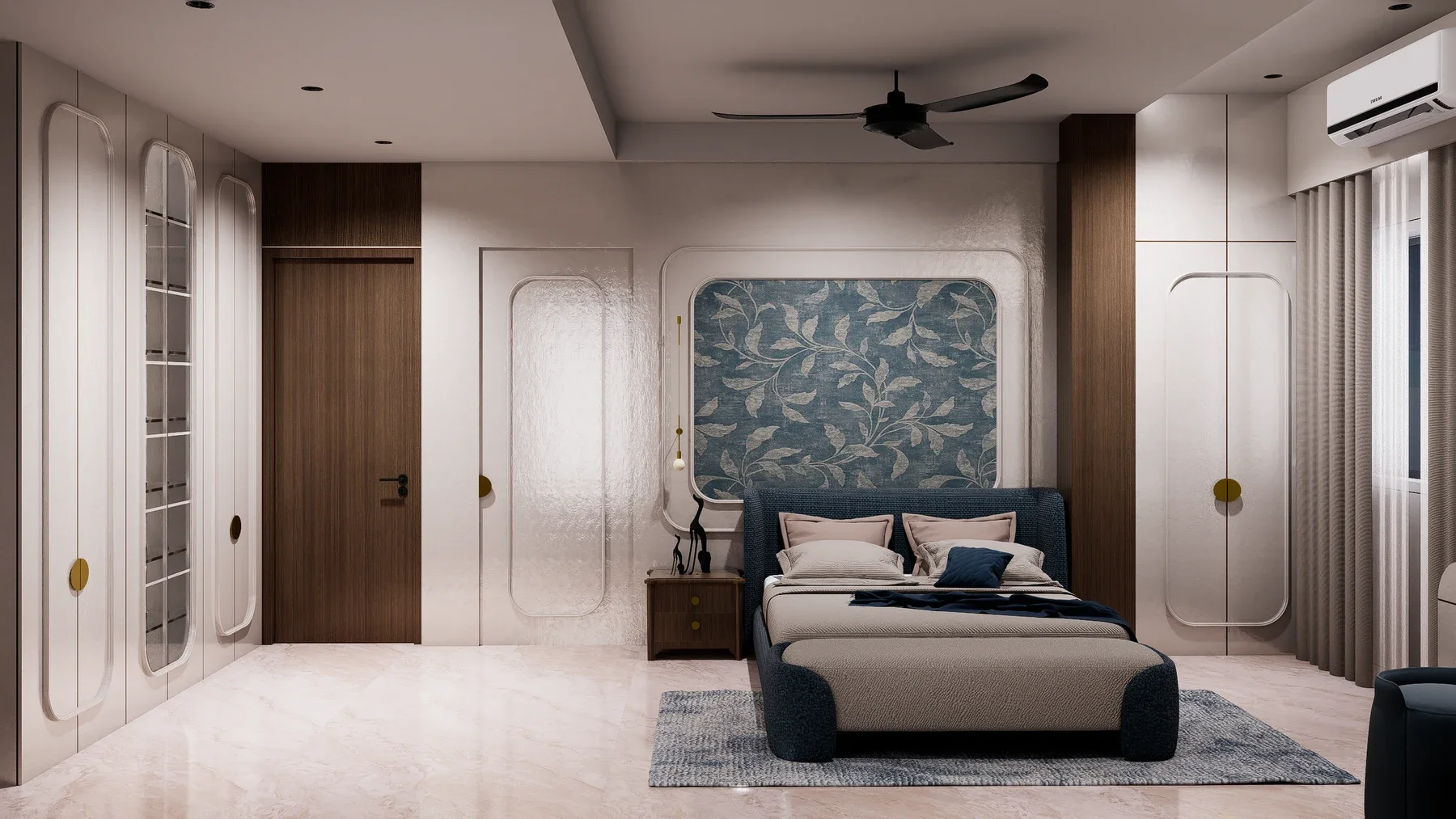 A blue bed and bench sit beside plant-patterned panels, rounded cabinets and long curtains.