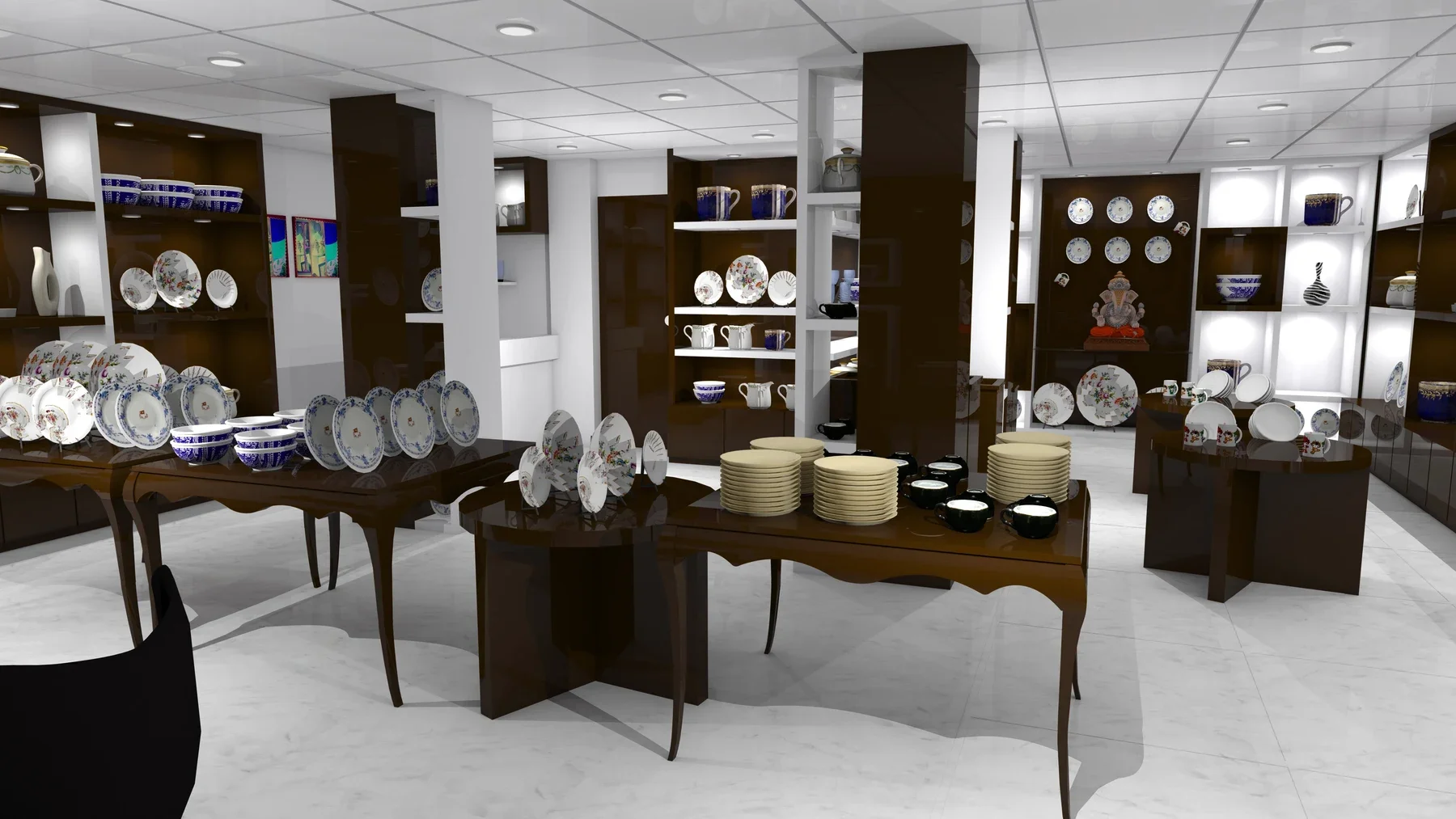 Curved-leg display tables sit beneath a ceiling grid beside illuminated wall niches.