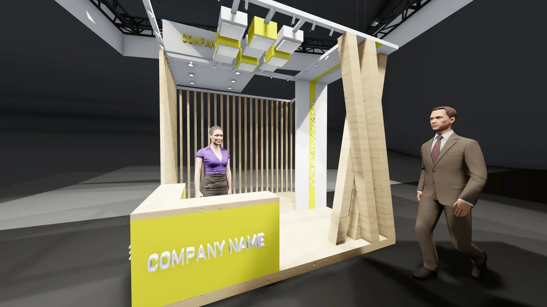 A yellow counter sits before pale slats and angled supports beneath suspended boxes.