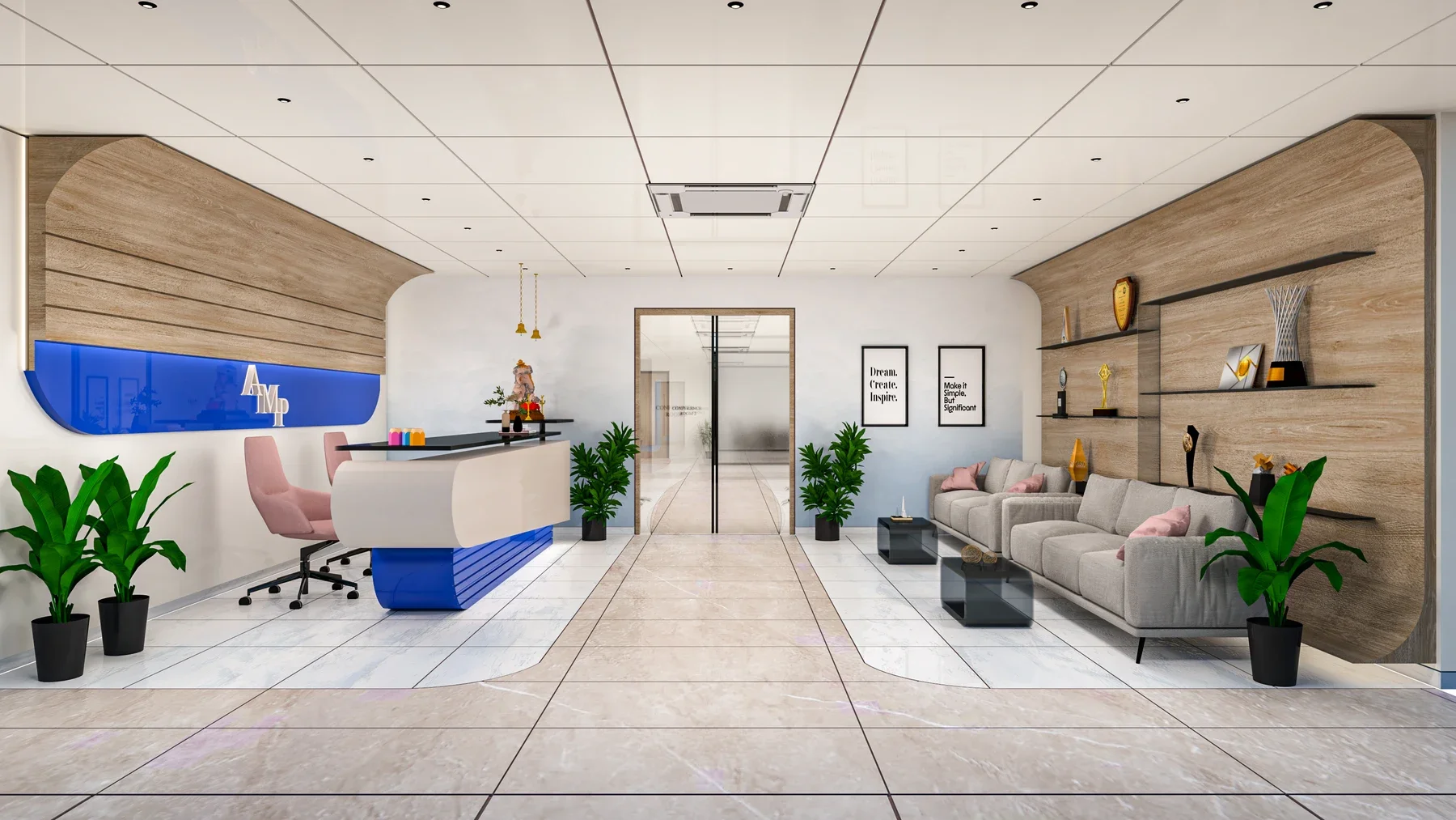 A curved white and blue desk faces grey sofas, display shelves and potted plants.