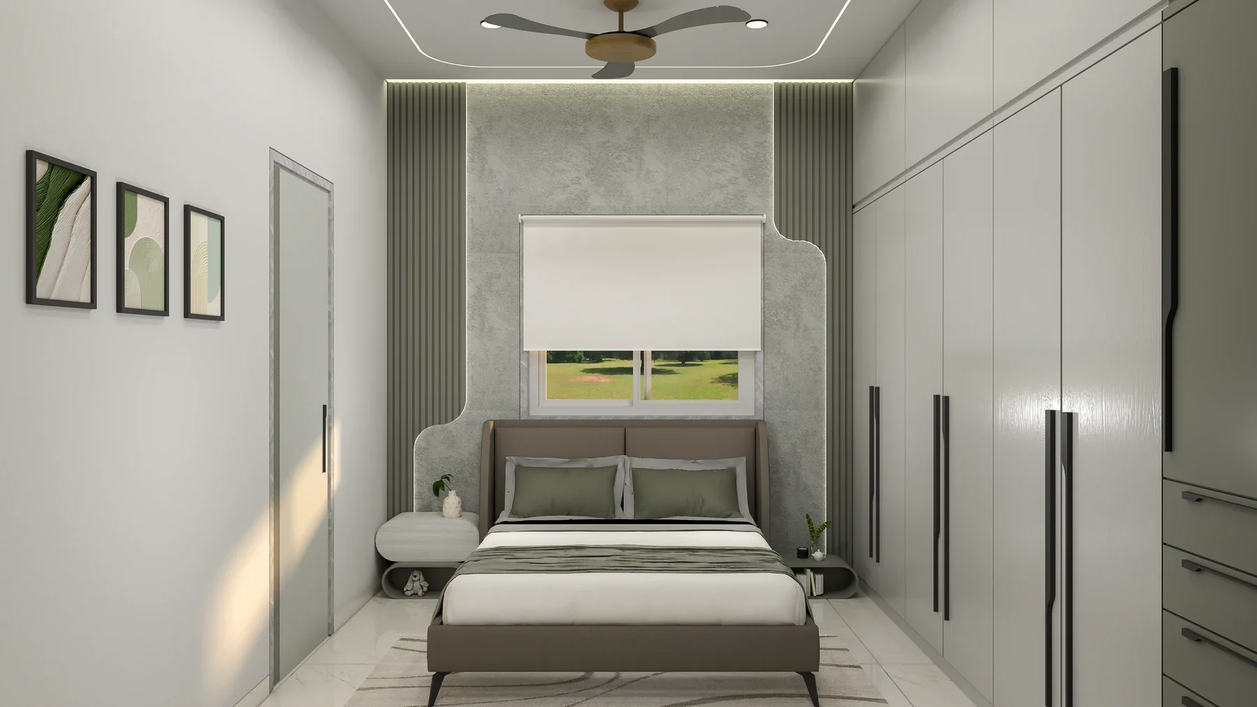 A bed sits beneath a window, between ribbed wall panels and full-height white wardrobes.
