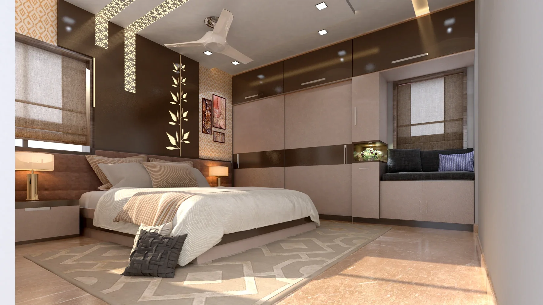 Das Schlafzimmer hat ein helles Bett, hohe Schränke, eine Fensterbank zum Sitzen und beleuchtete Wandmuster.